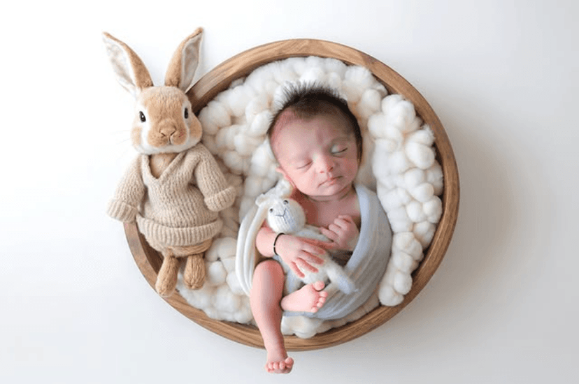 Beautiful newborn photography by Jens Click - Baby with bunny in wooden bowl